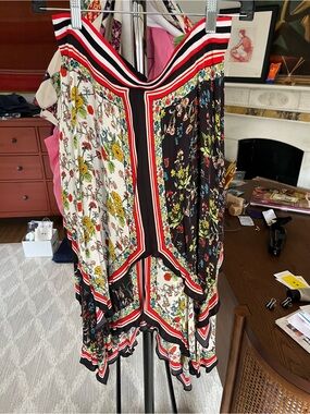Alice + Olivia Black & White Floral Midi Skirt with Red Trim